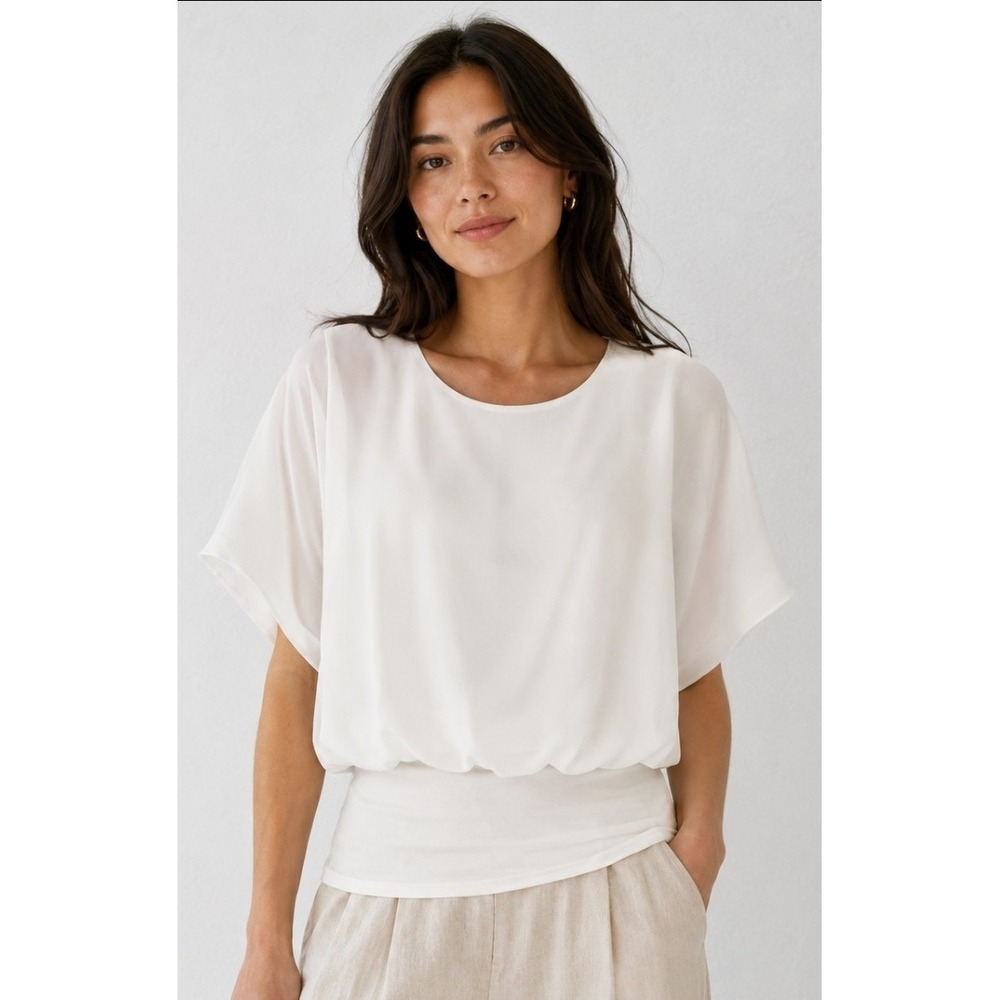 Joseph A Blouson Blouse White Dolman Short Sleeve Scoop Neck Medium Layered Look